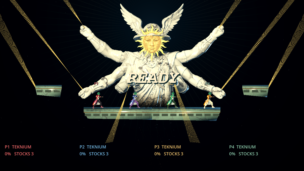 Four Teknium fighters ready on a platform before a towering winged Hermes statue
